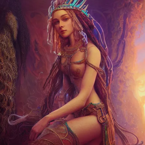 Image similar to octane render, artstation, 8 k, intricate detail, hyper detail, portrait by gaston bussiere, greg rutkowski, sandro botticelli, tan lady of elche egyptian sumerian techno mystic goddess princess intergalactica inanna with aqua neon rapunzel dreadlocks,