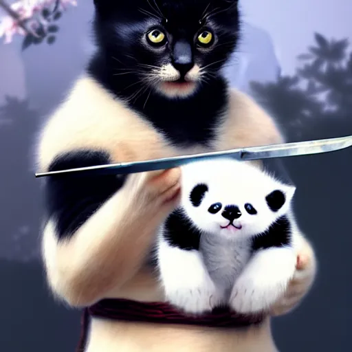 Image similar to cute kitten with panda body and cat face, in a kimono, holds a sword, artwork by greg rutkowski, highly detailed, matte painting 4 k