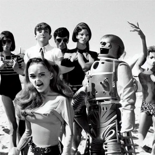 Image similar to 60s B movie about a killer robot from the future attacking teenagers having a party at the beach.