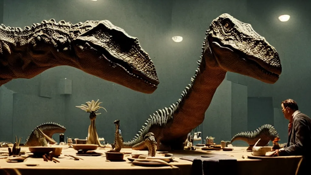 Image similar to the strange dinosaur sits at a table, film still from the movie directed by Denis Villeneuve with art direction by Salvador Dalí, long lens