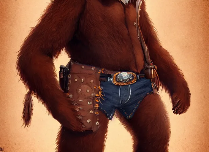 Image similar to character portrait feature of the anthro male anthropomorphic kamchatka brown bear fursona wearing cowboy outfit wild west desperado character design stylized by charlie bowater, ross tran, artgerm, and makoto shinkai, detailed, soft lighting, rendered in octane