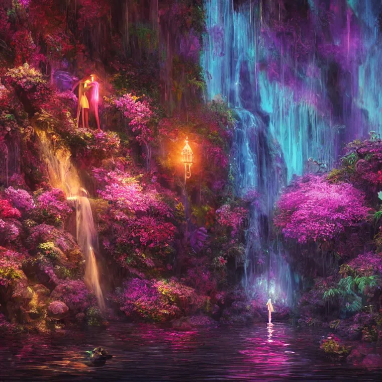 Image similar to oil painting, rich deep colors masterpiece, waterfall, night lights, gray, pink, ultra detailed, beautiful fantasy cave scene, contrast, firefly lights, neon drops, neon stones, redheaded flower girl and dress made of fresh flowers, volumetric light, neon signs, atmospheric lighting, dramatic, cinematic, steampunk, moody, octane render 4 k, 8 k