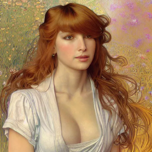 Image similar to A young woman with blonde long hair and bangs in shorts and white shirt drawn by Donato Giancola and Julie Bell and frank frazetta and alphonse mucha, background by James Jean and gustav klimt, 4k, volumetric lighting, french nouveau, trending on artstation, octane render, hyperrealistic