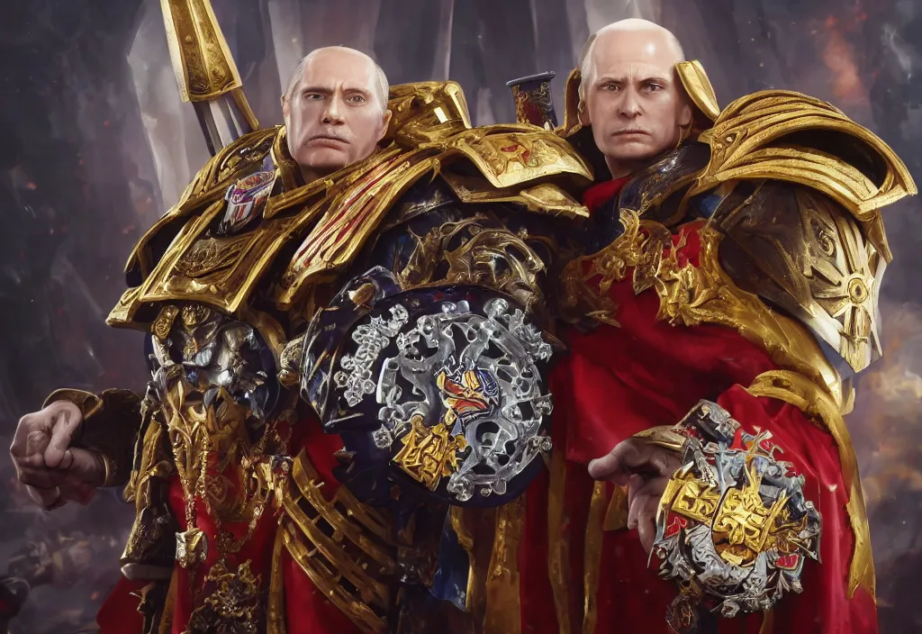 Prompt: portrait of vladimir putin as emperor and dmitryi medvedev as fulgrim in warhammer 4 0 k, 4 k, 8 k, octane render