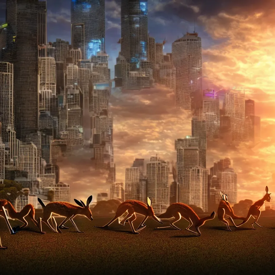 Prompt: sydney invaded by kangaroos in the future, hyperealistic very colourful hdr cinematic lighting cgi render photorealistic cinematic octane render