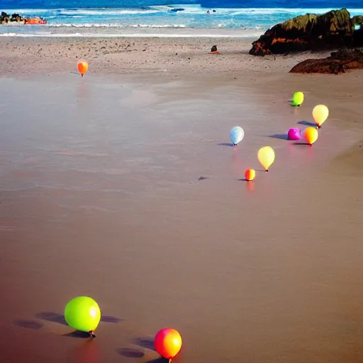 Prompt: a lot of floating birthday balloons. beautiful beach in bretagne. digital art, highly - detailed, artstation cgsociety masterpiece