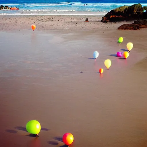 Image similar to a lot of floating birthday balloons. beautiful beach in bretagne. digital art, highly - detailed, artstation cgsociety masterpiece