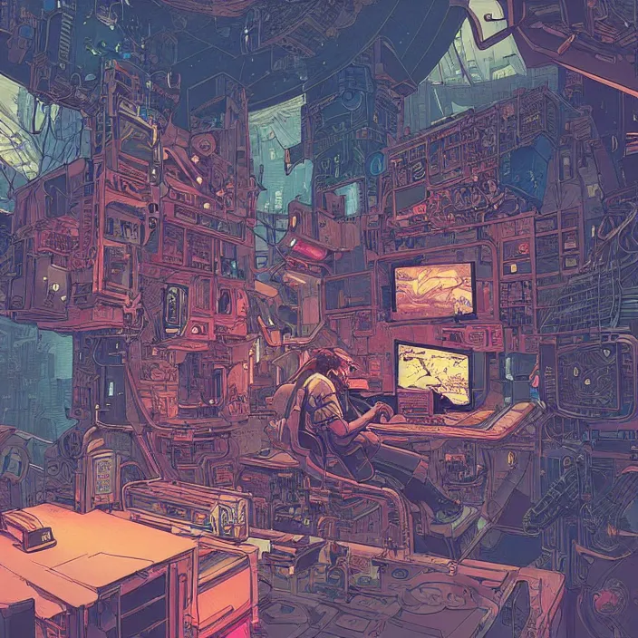 Image similar to Stunningly intricate illustration of a cyberpunk explorer playing video games in his treehouse, highly detailed, midnight, by Victo Ngai and James Gilleard , Moebius, Laurie Greasley