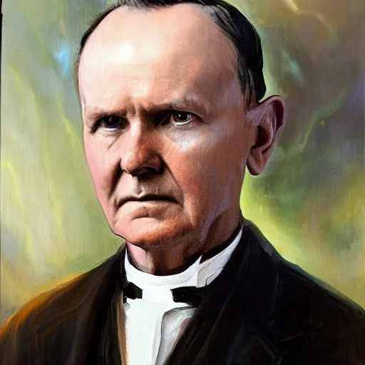 Image similar to calvin coolidge as a dnd fantasy, pointy ears, devilish lighting, eldritch coolidge epic painting. official portrait, dnd character painting by gibbs - coolidge. oil on canvas, wet - on - wet technique, underpainting, grisaille, realistic. restored face.