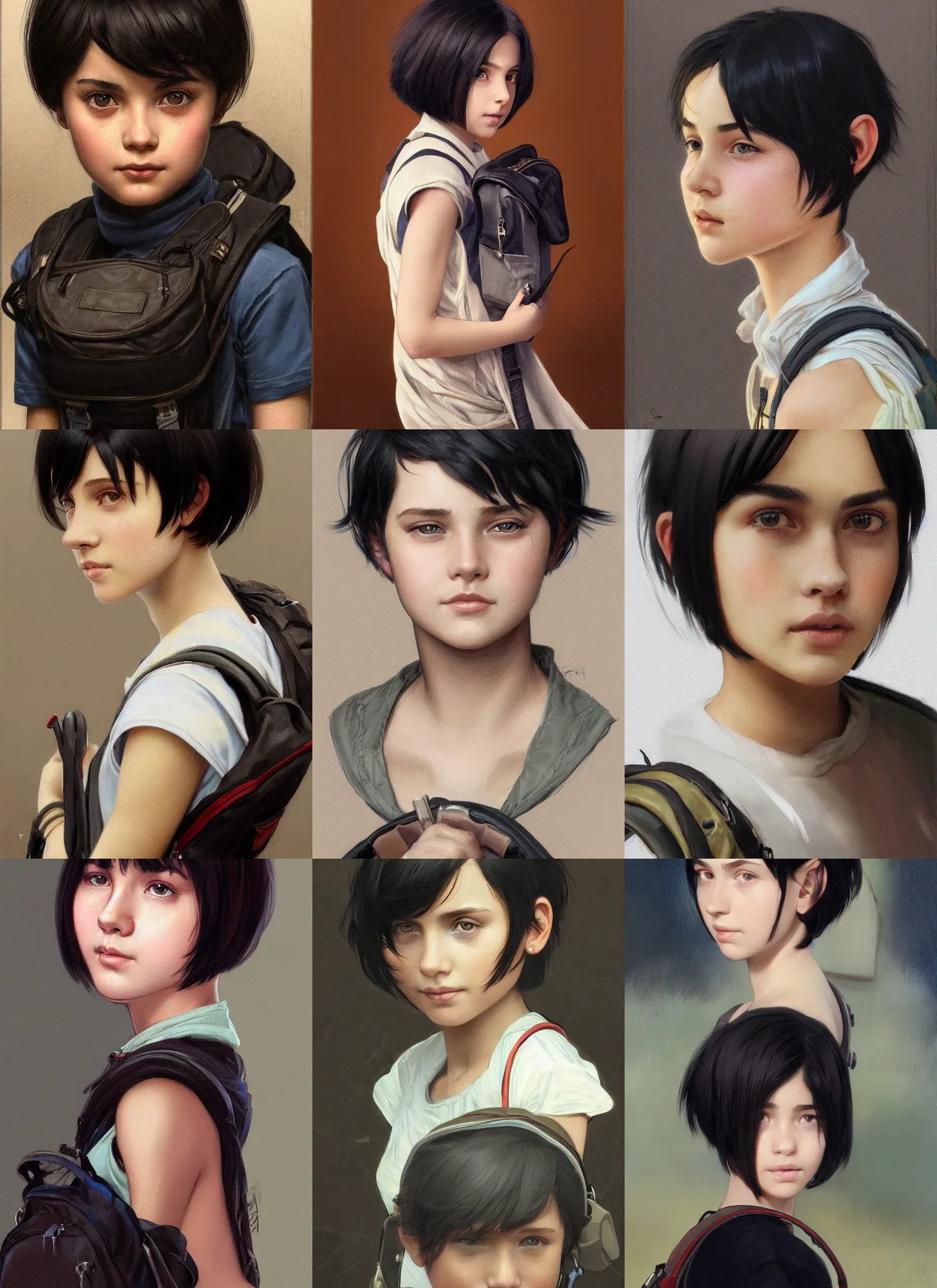Prompt: Close-up portrait of kind young girl with short black hair in a bob cut, with a backpack, slightly dirty, portrait, highly detailed, digital painting, artstation, concept art, sharp focus, illustration, art by artgerm and greg rutkowski and alphonse mucha