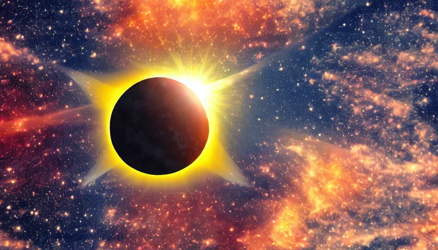 Image similar to hexagon sun covers floating above earth, solar eclipse, retro space art, wallpaper