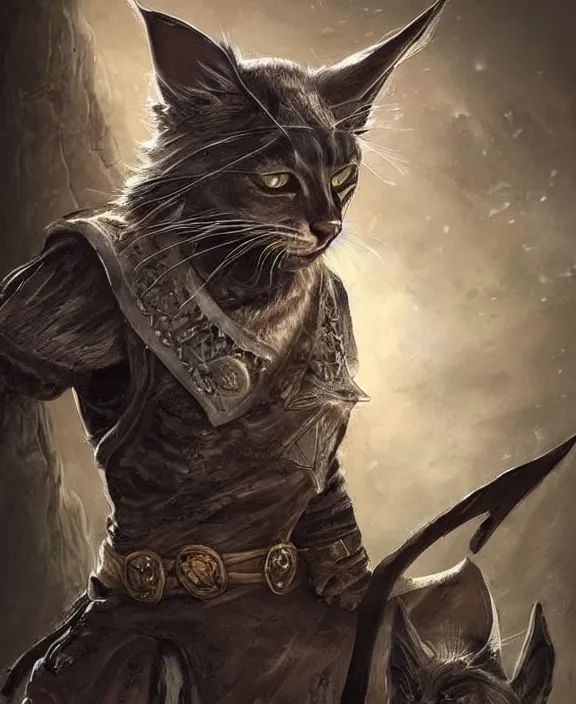 Prompt: humanoid male khajiit rogue with a scar on left eye, wearing leather armor with a hood, mainecoon cat features with black fur, far - mid shot, magic the gathering, fantasy