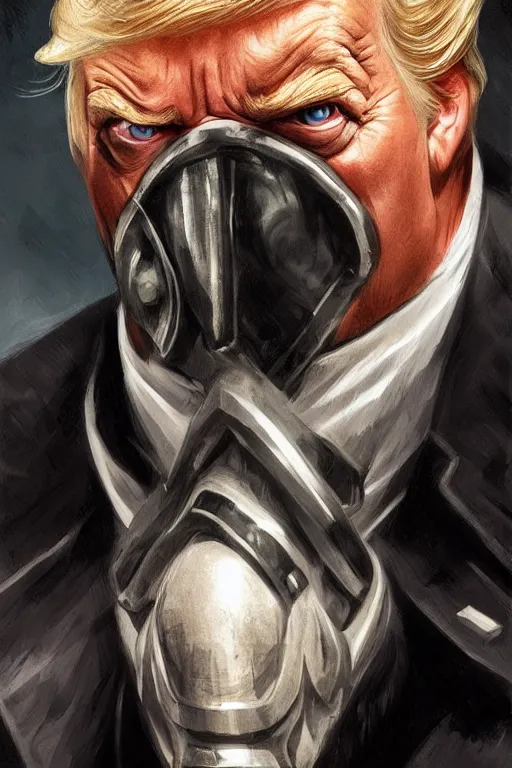 Prompt: Donald Trump as Bane from The Dark Knight, portrait, highly detailed, digital painting, artstation, concept art, smooth, sharp focus, illustration, cinematic lighting, art by artgerm and greg rutkowski and alphonse mucha