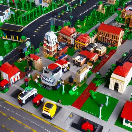 Prompt: a photograph of a lego village, hyperrealism, photo realistic