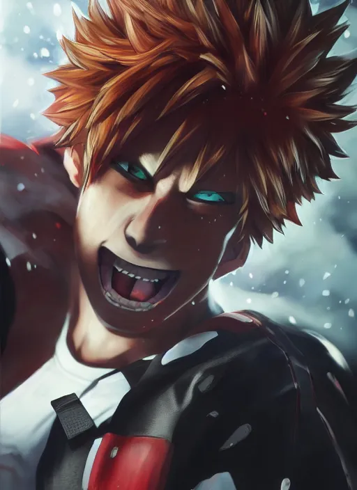 Image similar to Realistic Bakugou from my hero academia, hyper realism, dark atmosphere, cinematic shot, intricate, ornate, photorealistic, ultra detailed, realistic, 100mm, photography, octane, high definition, depth of field, bokeh, 8k, artstation