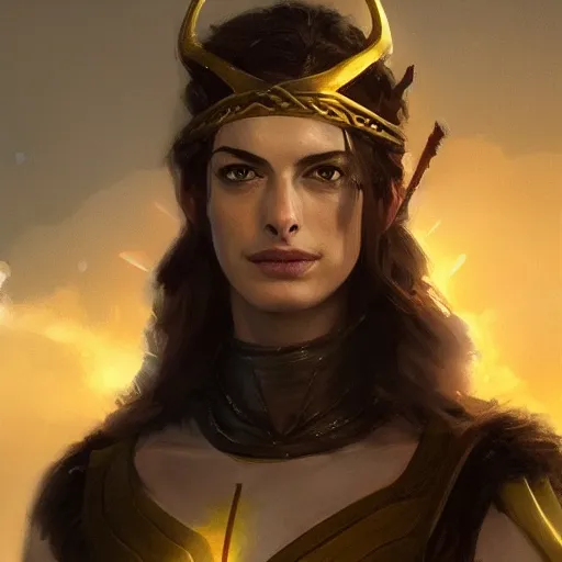Prompt: a beautiful Norse Warrior based on Anne Hathaway with glowing aura by Greg Rutkowski and Raymond Swanland, Trending on Artstation, cloudy background, ultra realistic digital art