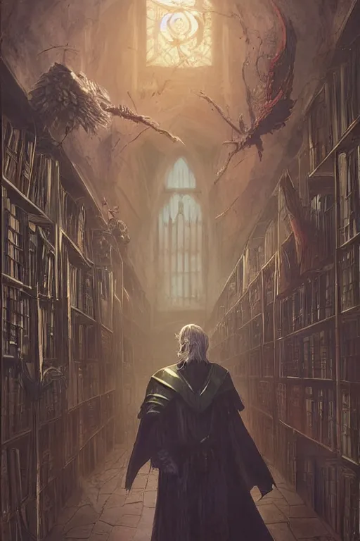 Prompt: heroic urban fantasy character study, modern occultist, realistic sharp details, magical realism, rpg book portrait, haunted library background, by greg rutkowski and larry elmore