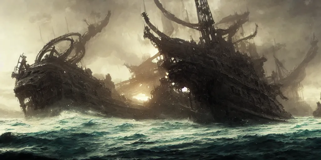 Image similar to A medieval ship flotilla is getting destroyed by a giant kraken monster at sea. In style of Yoji Shinkawa and Hyung-tae Kim, trending on ArtStation, Greg Rutkowski, dark fantasy, great composition, concept art, highly detailed, scenery.