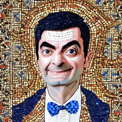 Prompt: a highly detailed ornate and intricate Persian mosaic of Mr. Bean!, gold and cobalt tiles