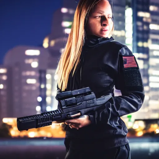 Prompt: photographic portrait of a techwear woman holding a Glock 18, closeup, on the rooftop of a futuristic city at night, sigma 85mm f/1.4, 4k, depth of field, high resolution, 4k, 8k, hd, full color