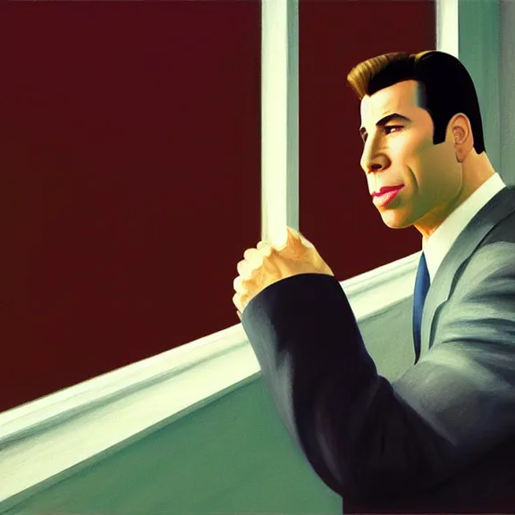 Prompt: beautiful illustration of John Travolta by Edward Hopper, clean lines, very detailed, colorful octane render