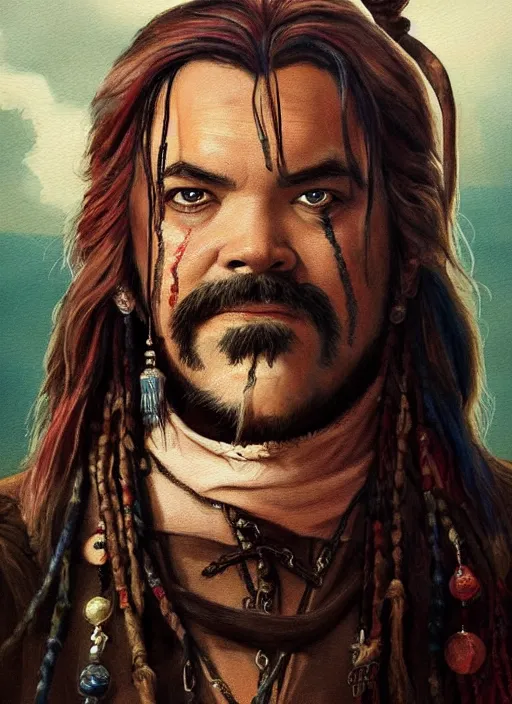 Image similar to a beautiful painting portrait movie poster of Matt Berry in Pirates of the Carribean 6, matte painting, fantasy art, dark but detailed digital art, highly detailed, a masterpiece trending on artstation. Matt Berry as a messy pirate and layabout in this HD preview poster