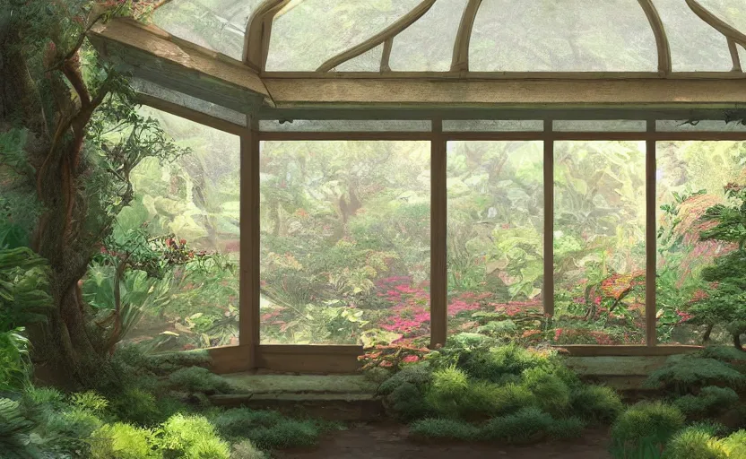 Prompt: japanese garden, forest, greenhouse, sunny bay window, indoor, highly detailed, digital painting, artstation, concept art, sharp focus, illustration