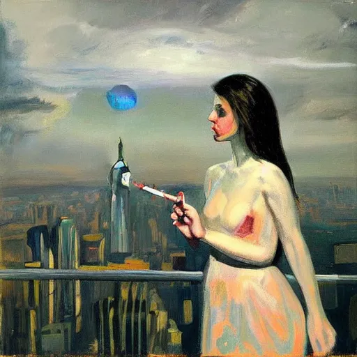 Prompt: “ a girl holding a lit cigarette looking down at a futuristic new york city below, ghostpunk, detailed face, oil painting, stormy sky, by george bellows ”