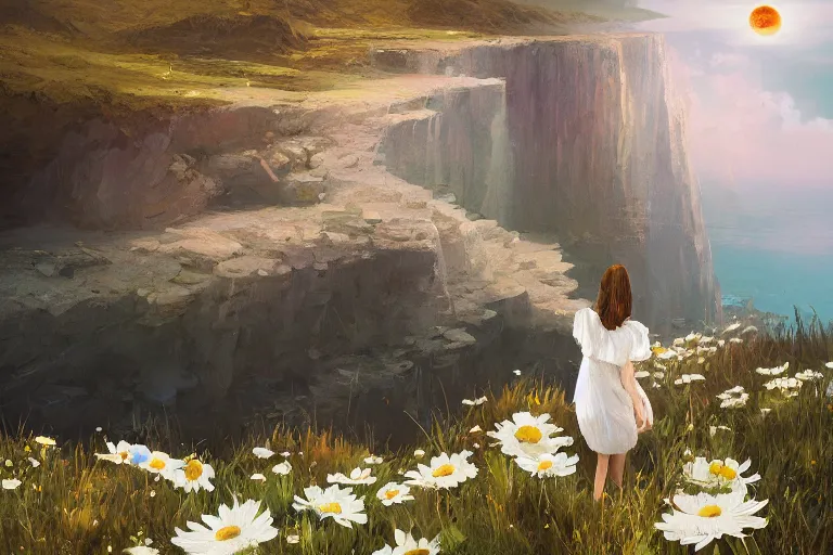 Image similar to giant white daisy flower over face, girl standing on cliff, surreal photography, solar eclipse, milky way, dramatic light, impressionist painting, clouds, digital painting, artstation, james gilleard, liam wong, jeremy mann, simon stalenhag