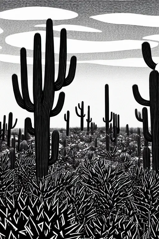 Prompt: art by kat flint, a beautiful black ink linocut print of a giant cactus field, 8 k, frostbite 3 engine, cryengine, ground level shot, dof, trending on artstation, digital art, crepuscular ray
