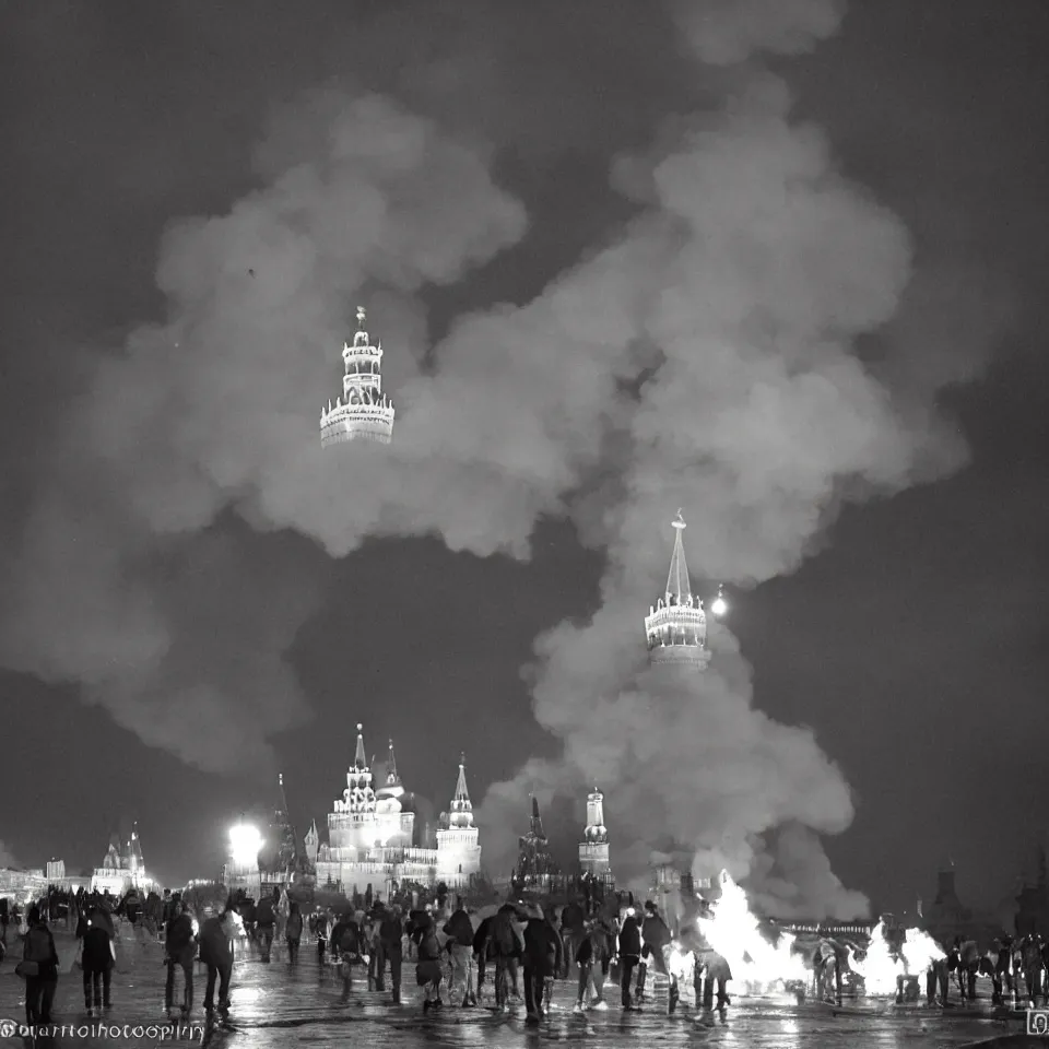 Prompt: Moscow Kremlin is on fire, dark atmosphere, lots of fire, clubs of smoke. Photography.