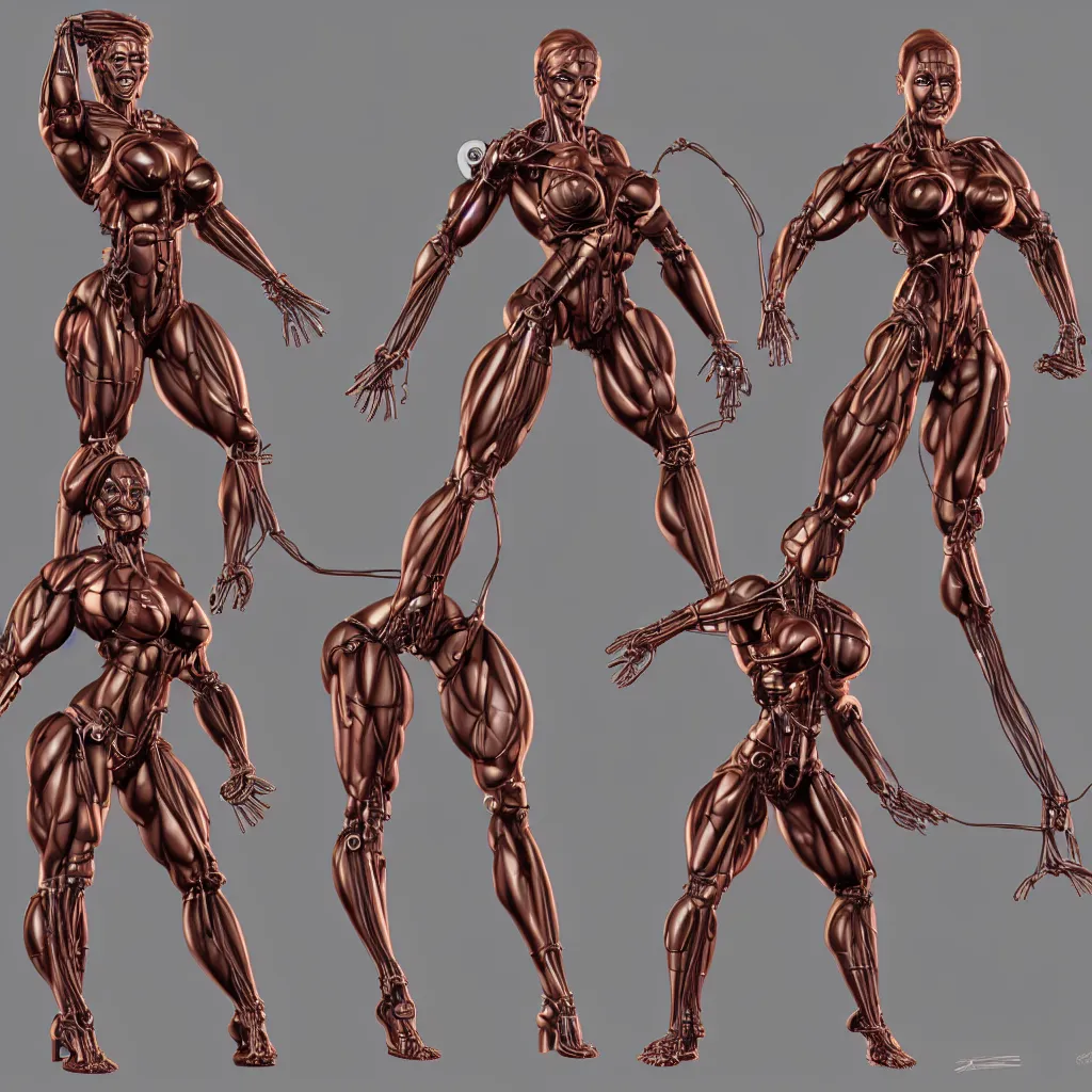 Prompt: character design, bodybuilder female terminator, open mechanical, electronics, veins, cables, rust, sparks