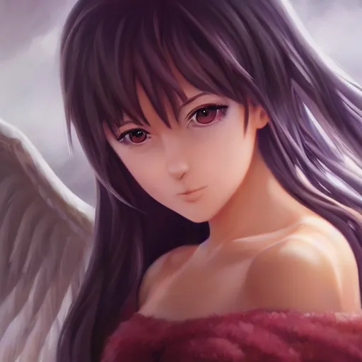 Image similar to an oil painting of a beautiful anime girl with angel wings, by artgerm, hd, hdr, ue 5, ue 6, unreal engine 5, cinematic 4 k wallpaper, 8 k, ultra detailed, high resolution, artstation, award winning