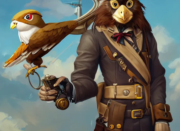 Image similar to character portrait feature of the anthro male anthropomorphic kakapo fursona wearing steampunk pirate airship captain outfit uniform professional pilot character design stylized by charlie bowater, ross tran, artgerm, and makoto shinkai, detailed, soft lighting, rendered in octane