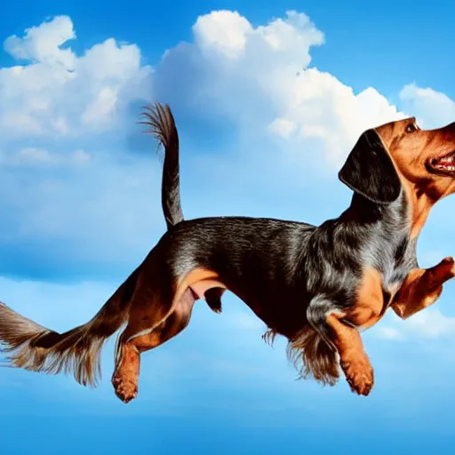 Image similar to elderly light gray wire-haired dachshund with long hair, jumping in the air, floating in heaven, flying through blue sky, white clouds