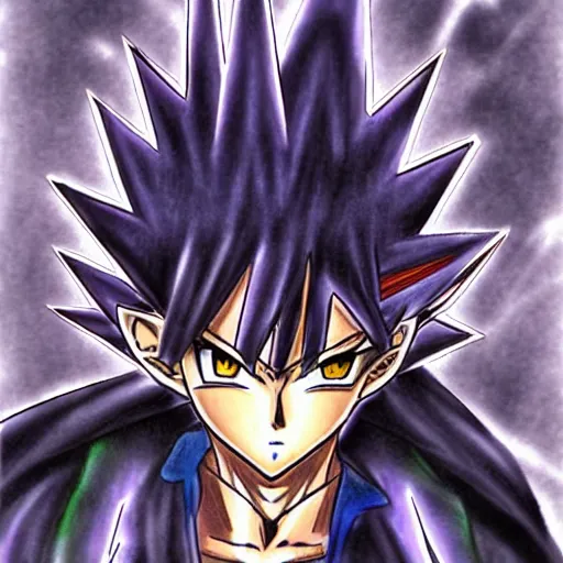 Image similar to portrait anime, manga drawing of yugi muto battles sauron, yu - gi - oh art