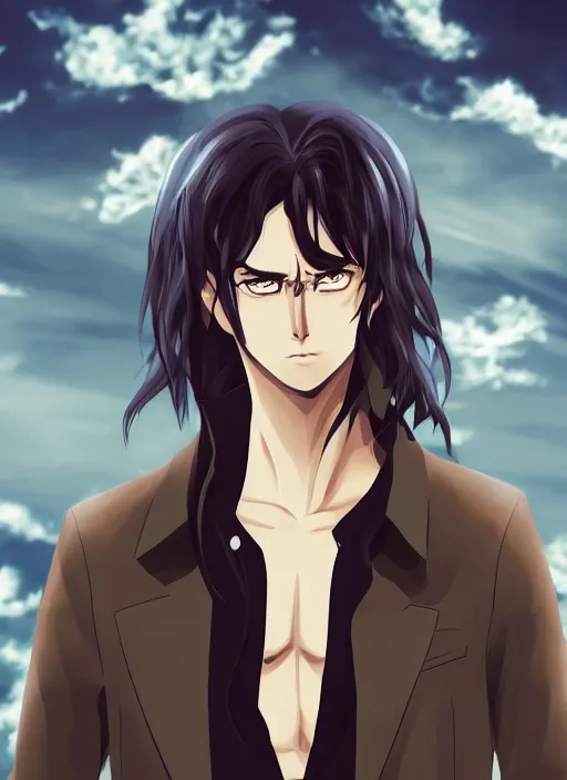 Image similar to anime style portrait illustration, handsome male vampire, focus on face, pretty, cinematic lighting, painterly, long black hair, dark blue shirt and light brown trenchcoat