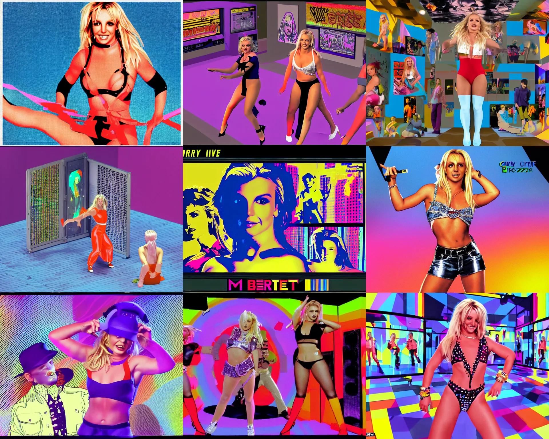 Prompt: Britney Spears, (You Drive Me) Crazy Official Music Video, Diorama, Isometric, Split-Complementary-Colors, 2.5D, 16-bit RGB, CRT, Scan Lines, Blizzard North 1997