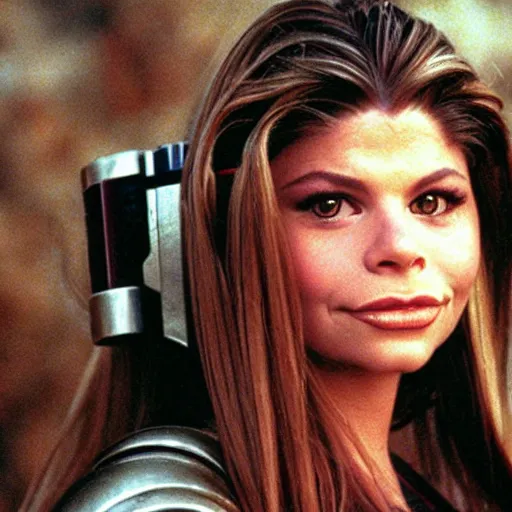 Prompt: promotional beautiful realistic portrait of <Danielle Fishel circa 1993> as <Topanga Lawrence the Space Priestess> in the new movie directed by <Tetsuya Nomura>, <heavily armored and brandishing sci-fi blaster>, <perfect face>, movie still frame, promotional image, imax 70 mm footage