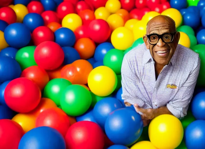 Image similar to photo still of al roker in a ball pit!!!!!!!! at age 4 6 years old 4 6 years of age!!!!!!!! hiding from parents, 8 k, 8 5 mm f 1. 8, studio lighting, rim light, right side key light