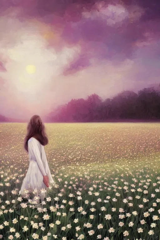 Prompt: giant white daisy flowers veil head, girl walking in a flower field, surreal photography, sunrise, dramatic light, impressionist painting, colorful clouds, digital painting, artstation, simon stalenhag