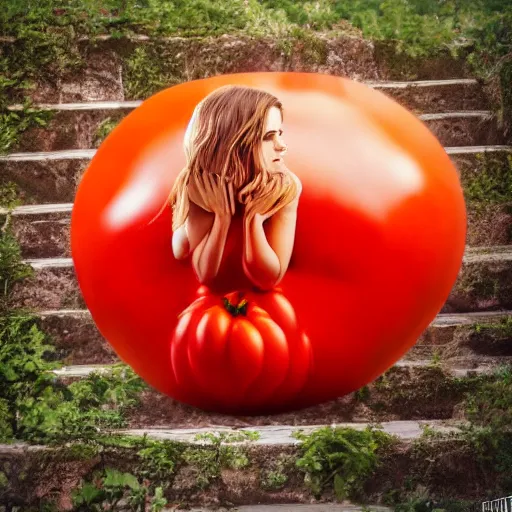 Image similar to emma watson dressed in a tomato, hyperrealistic, photography, 8 k