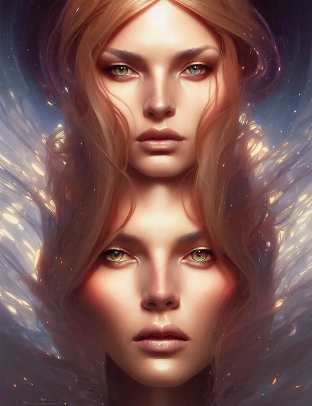 Image similar to futuristic woman portrait, sci-fi, amber eyes, face, long hair, fantasy, intricate, elegant, highly detailed, digital painting, artstation, concept art, smooth, sharp focus, illustration, art by artgerm and greg rutkowski and alphonse mucha