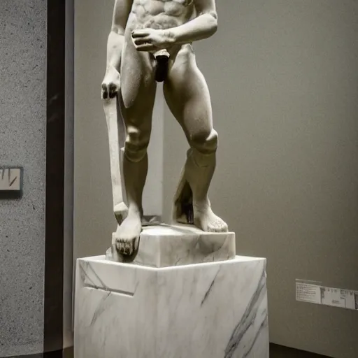 Prompt: a photography of a marble statue of steeve from minecraft at the louvres museum, f 2. 0, 4 k