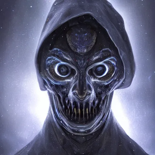 Prompt: award - winning. trending on artstation. 4 k. eerie tone. a faceless astral figure wearing a hooded cape made of the night sky with 1 5 dark blue glowing eyes on its face and rows of teeth on its chest. full - body. portrait.