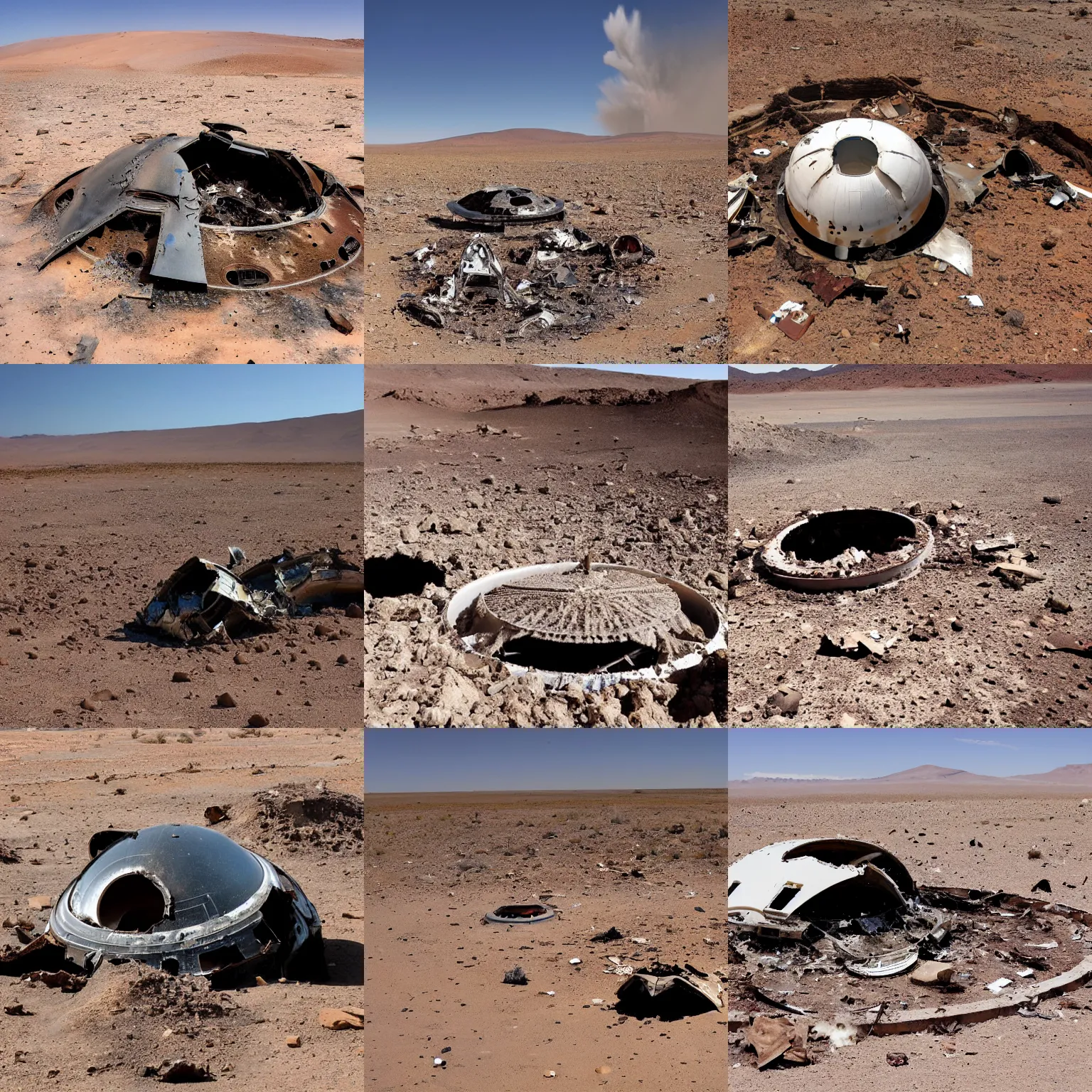 Prompt: ufo crashed in the desert, scattered wreckage and debris, crater explosion, high quality photo