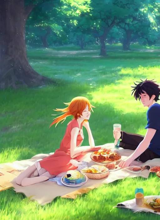 Image similar to beautiful anime painting of a emma stone having a picnic with tom holland, by makoto shinkai, kimi no na wa, artstation, atmospheric, high detail