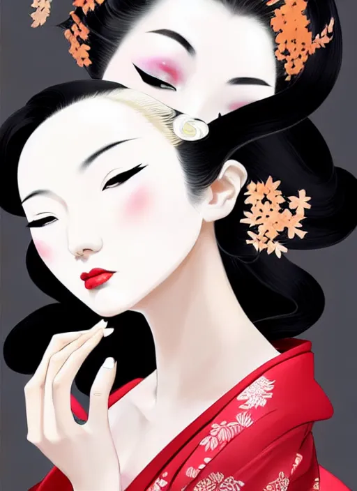 Prompt: glamorous and sexy Geisha, beautiful pale makeup, pearlescent skin, seductive eyes and face, elegant japanese woman, lacivious pose, very detailed face, seductive, sexy push up bras, pale and coloured kimono, sot and diffuse autumn lights, photorealism, official fanart behance hd artstation by Jesper Ejsing, by RHADS, Makoto Shinkai and Lois van baarle, ilya kuvshinov, rossdraws