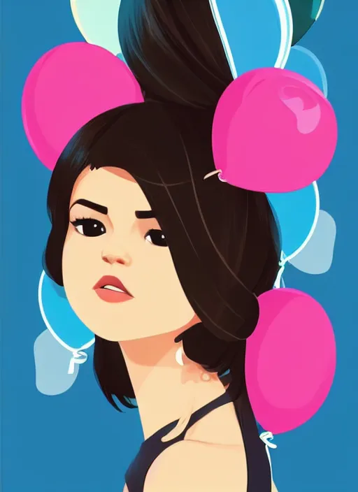 Prompt: woman resembling selena gomez at a birthday party wrapping mickey ears. balloons. clean cel shaded vector art. shutterstock. behance hd by lois van baarle, artgerm, helen huang, by makoto shinkai and ilya kuvshinov, rossdraws, illustration,