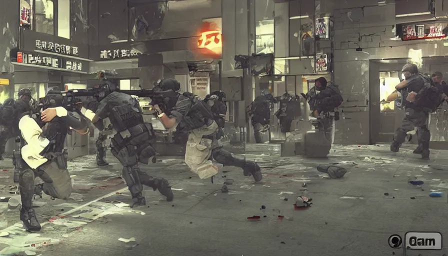 Image similar to 1994 Video Game Deathcam Screenshot, Anime Neo-tokyo Cyborg bank robbers vs police, Set inside of the Bank Lobby, Multiplayer set-piece in bank lobby, Tactical Squad :9, Police officers under heavy fire, Police Calling for back up, Bullet Holes and Realistic Blood Splatter, :6 Gas Grenades, Riot Shields, Large Caliber Sniper Fire, Chaos, Anime Cyberpunk, Ghost in The shell Bullet VFX, Machine Gun Fire, Violent Gun Action, Shootout, :7 Inspired by Escape From Tarkov + Intruder + Ghost In The Shell :9 by Katsuhiro Otomo: 9